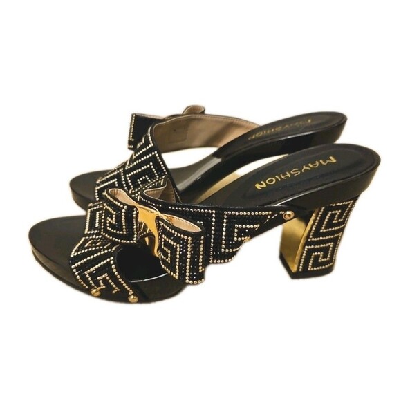 Mayshion Shoes - Mayshion Womens Formal Black Gold Rhinestone Bow Heels Open Toe, Size 37